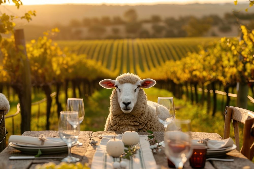 Cute sheep livestock grazing on a rural farm staring at camera outdoors table vineyard.