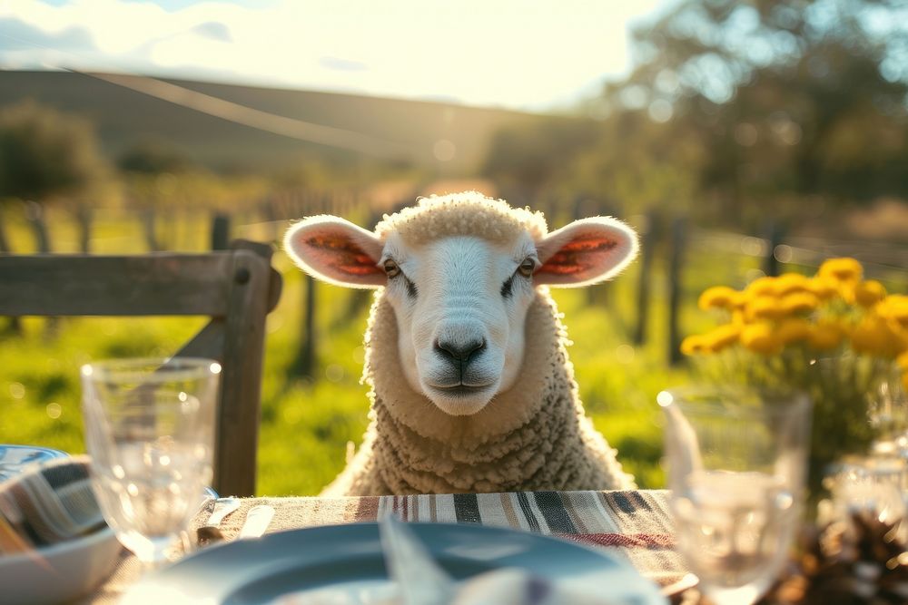 Cute sheep livestock grazing on a rural farm staring at camera outdoors sitting animal.