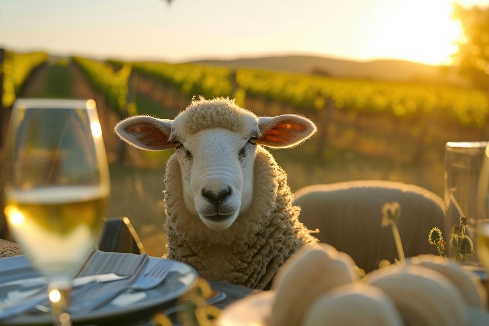 Cute sheep livestock grazing on a rural farm staring at camera outdoors vineyard animal.
