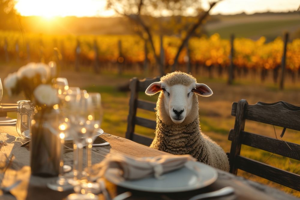 Cute sheep livestock grazing on a rural farm staring at camera outdoors vineyard nature.