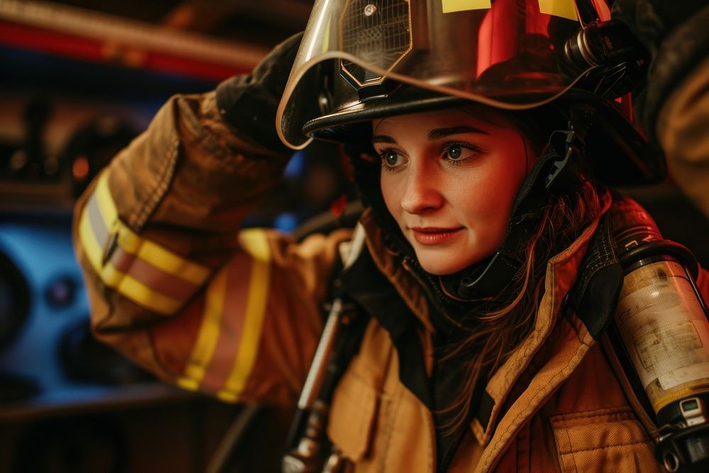 Female firefighter putting on her protective equipment inside the fire station helmet protection screenshot.