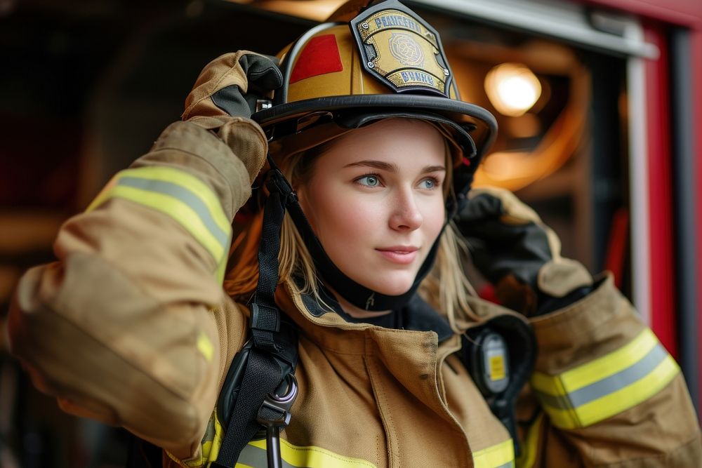 Female firefighter putting on her protective equipment inside the fire station helmet protection emergency.