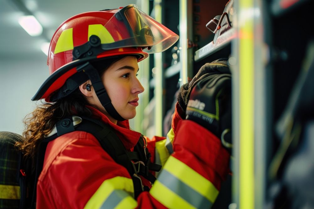 Firefighter putting on her protective equipment inside locker room helmet protection technology.