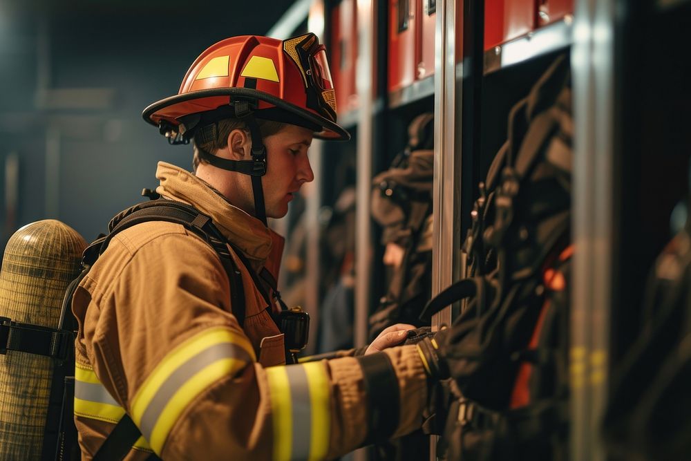 Firefighter putting on him protective equipment inside locker room helmet adult protection.