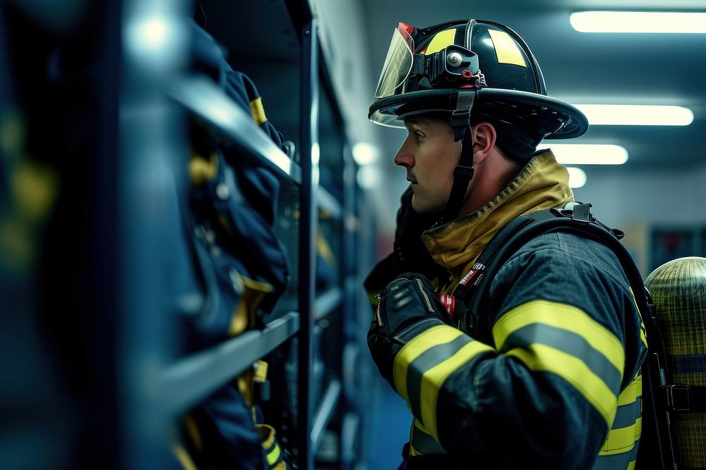 Firefighter putting on him protective equipment inside locker room helmet adult protection.