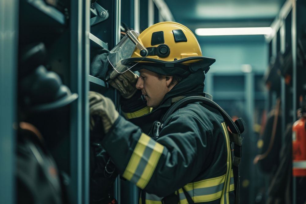 Firefighter putting on him protective equipment inside locker room helmet adult architecture.