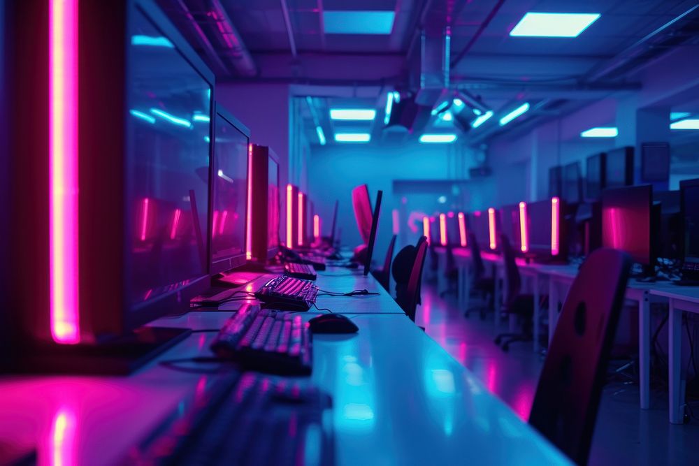 Futuristic computer lab equipment in a row light monitor computer monitor.