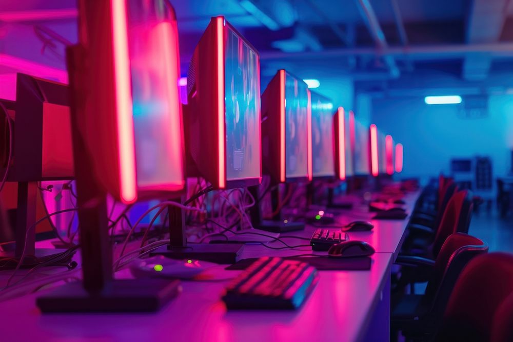 Futuristic computer lab equipment in a row light computer monitor illuminated.