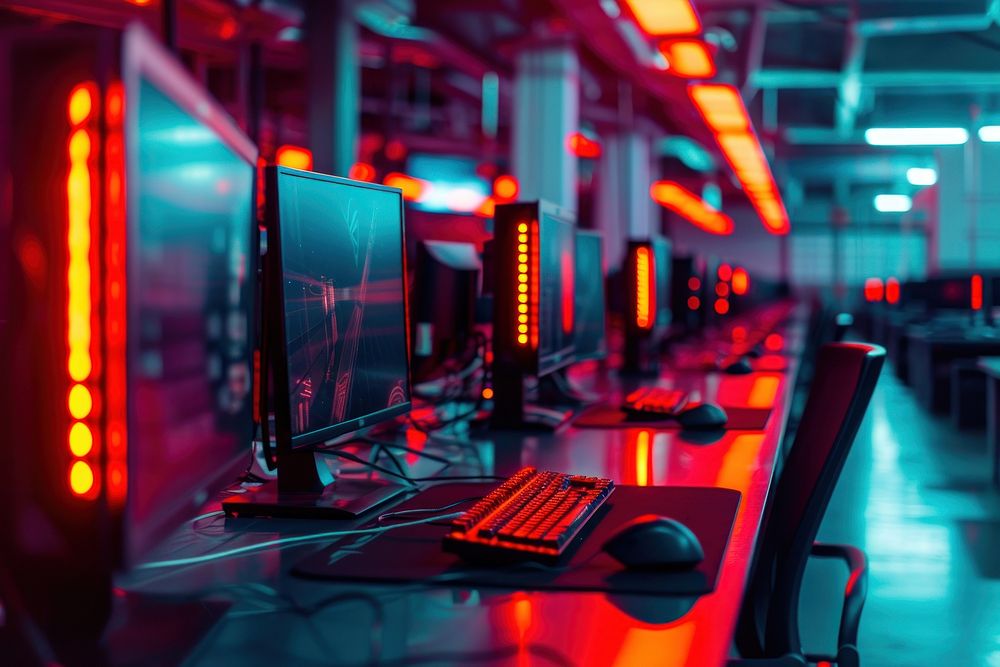Futuristic computer lab equipment in a row monitor table computer monitor.