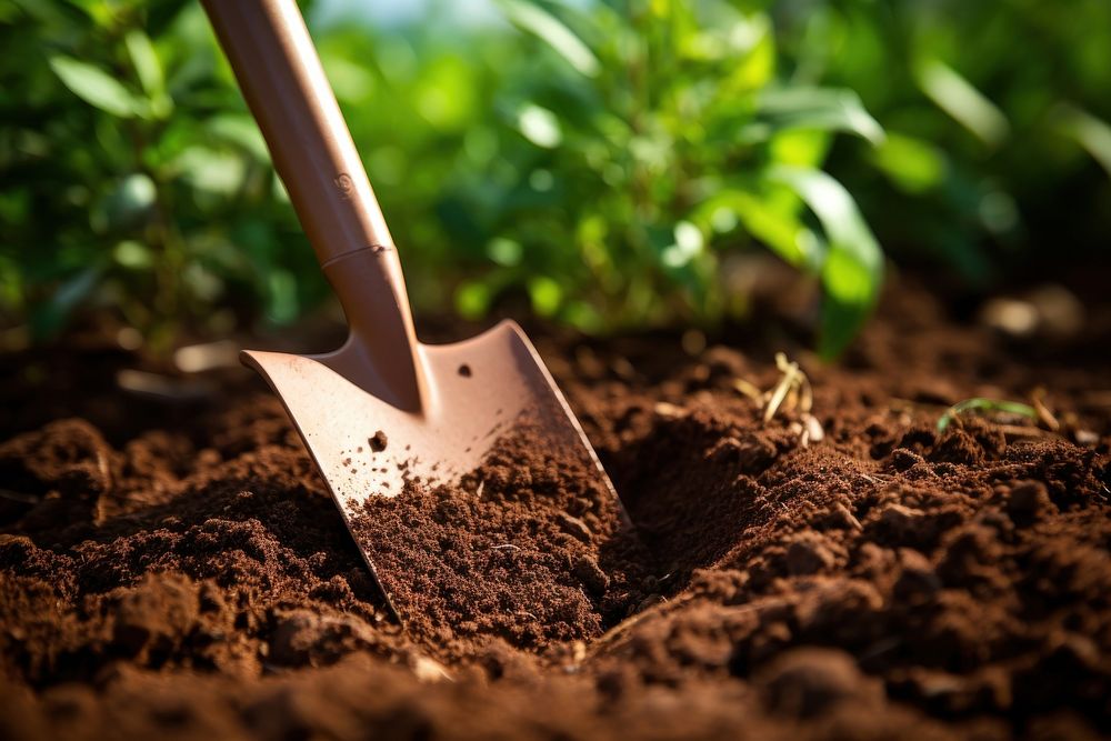 Garden trowel in the soil garden gardening outdoors.
