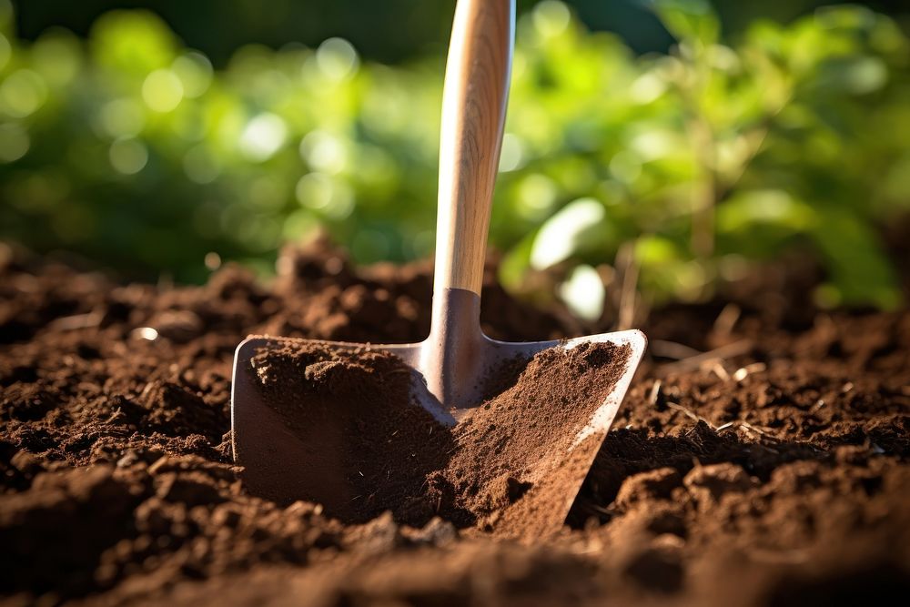 Garden trowel in the soil outdoors garden tool.