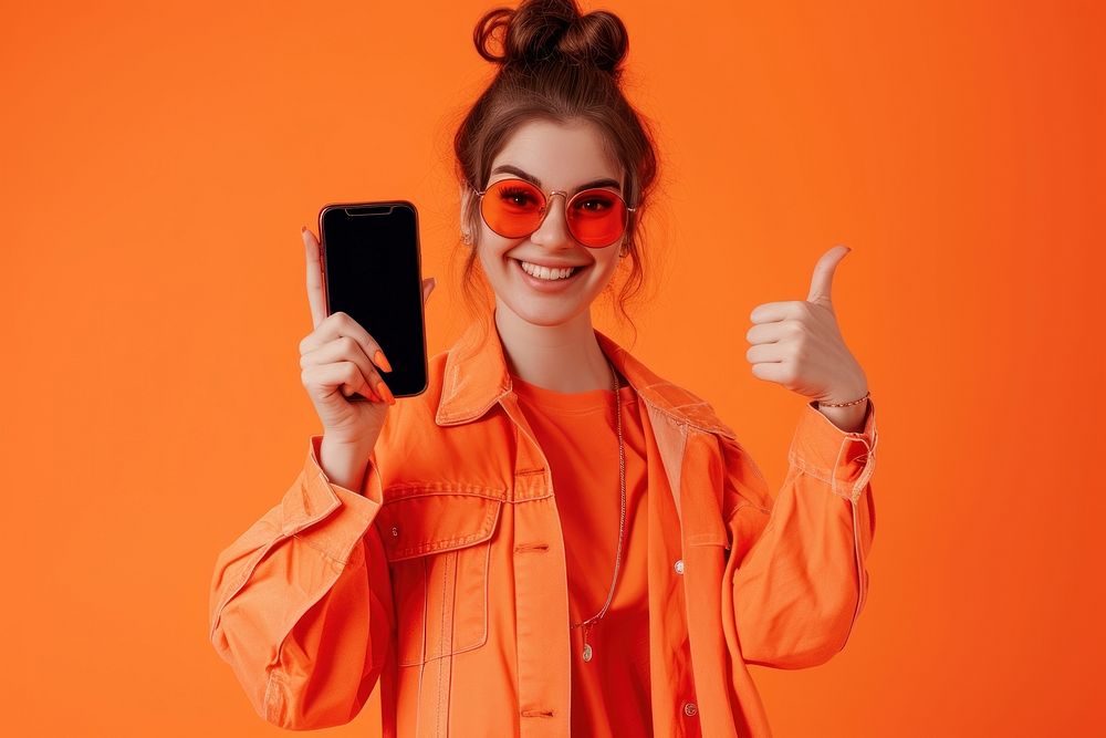 Girl showing phone screen glasses selfie smile.