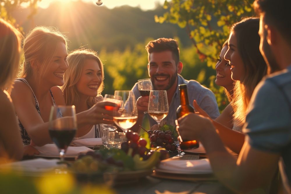 Group of a young people drinking wine and talking together outdoors vineyard sitting.