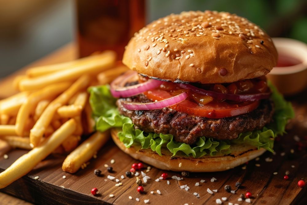Grilled cheeseburger with tomato onion and fries sesame food hamburger.