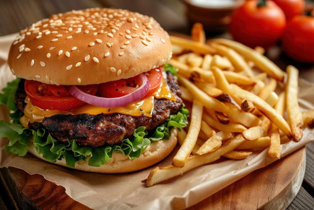 Grilled cheeseburger with tomato onion and fries food hamburger vegetable.