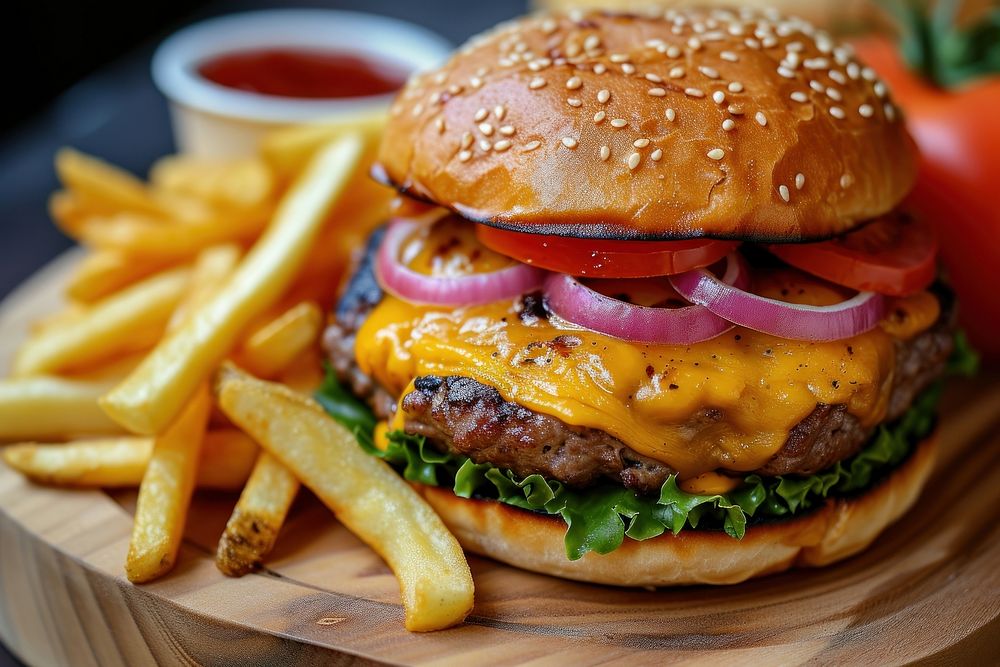 Grilled cheeseburger with tomato onion and fries ketchup food hamburger.
