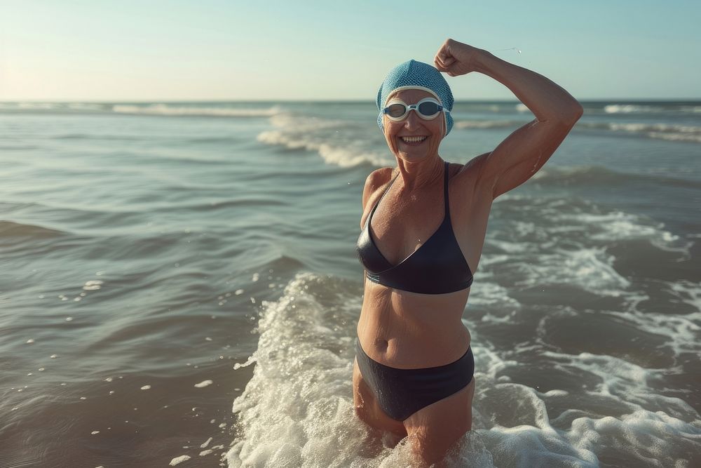 Senior woman standing at seawaves sea wearing swimming hat swimwear portrait outdoors.