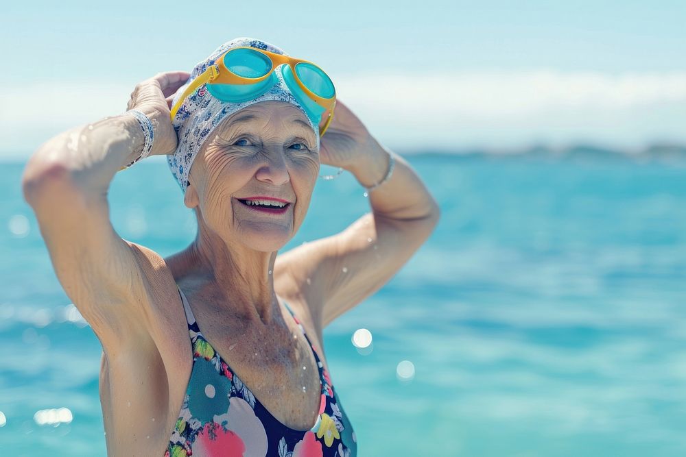 Senior woman standing at the sea in swimwear swimming goggles.