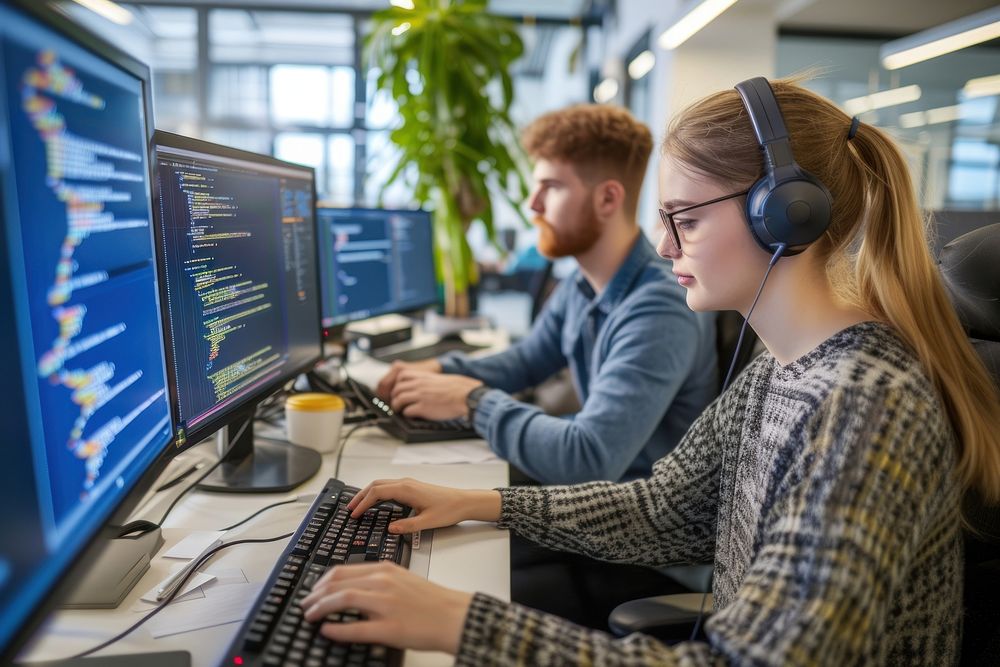 High angle view of male and female programmers working on computers at desk in office headphones headset concentration.