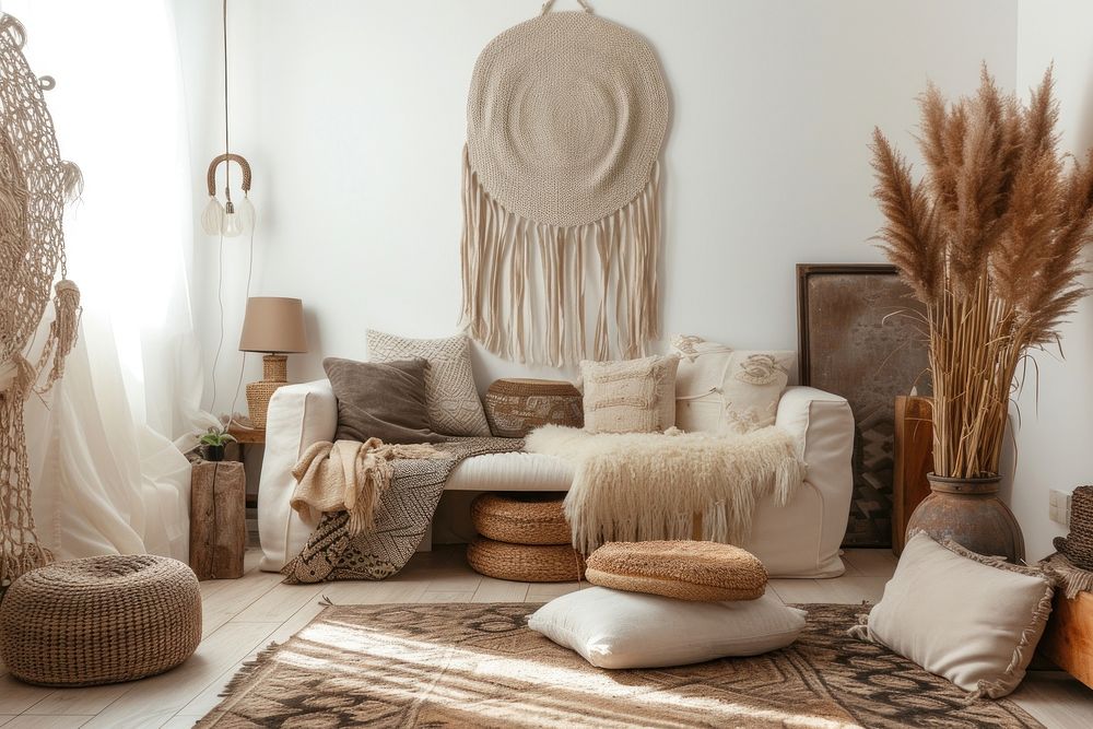 Interior space decorated in boho style furniture cushion pillow.