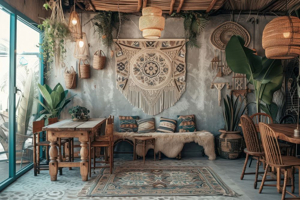 Interior space decorated in boho style architecture furniture table.