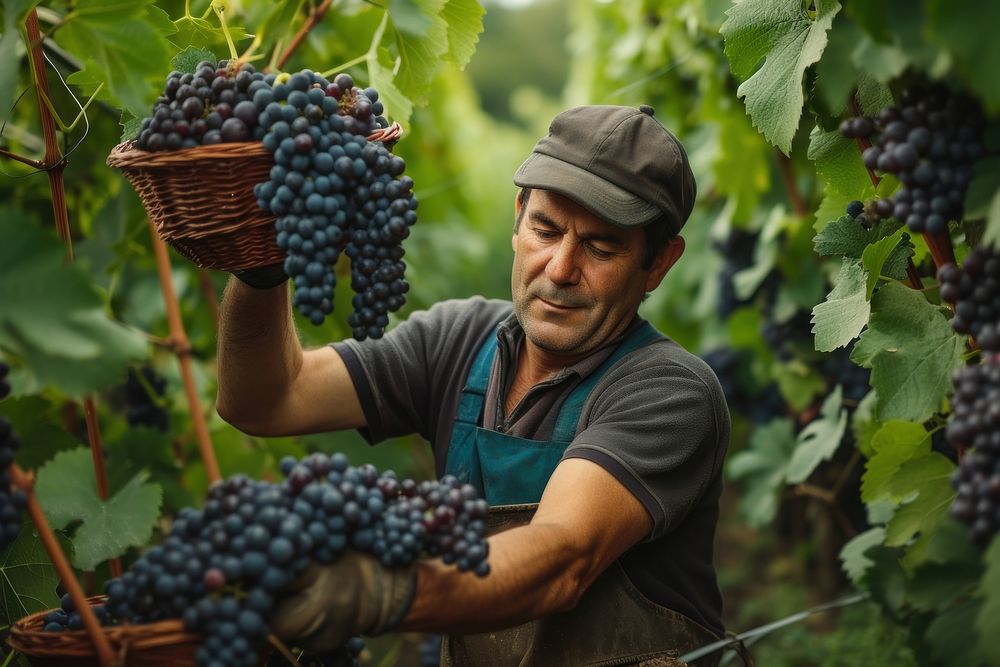 Man harvesting black grapes in the vineyard outdoors nature plant.