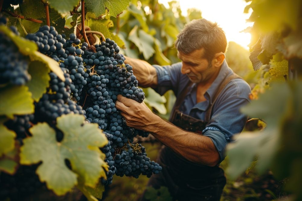Man harvesting black grapes in the vineyard outdoors nature adult.