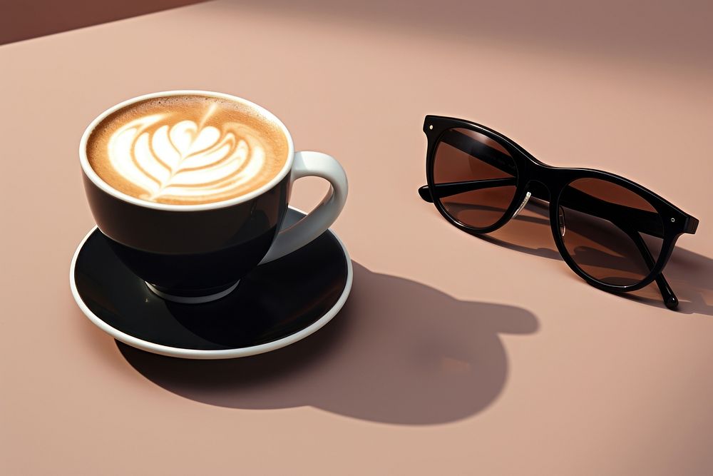 Sunglasses cup cappuccino coffee.