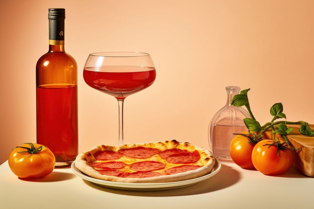 Tomato pizza glass wine.