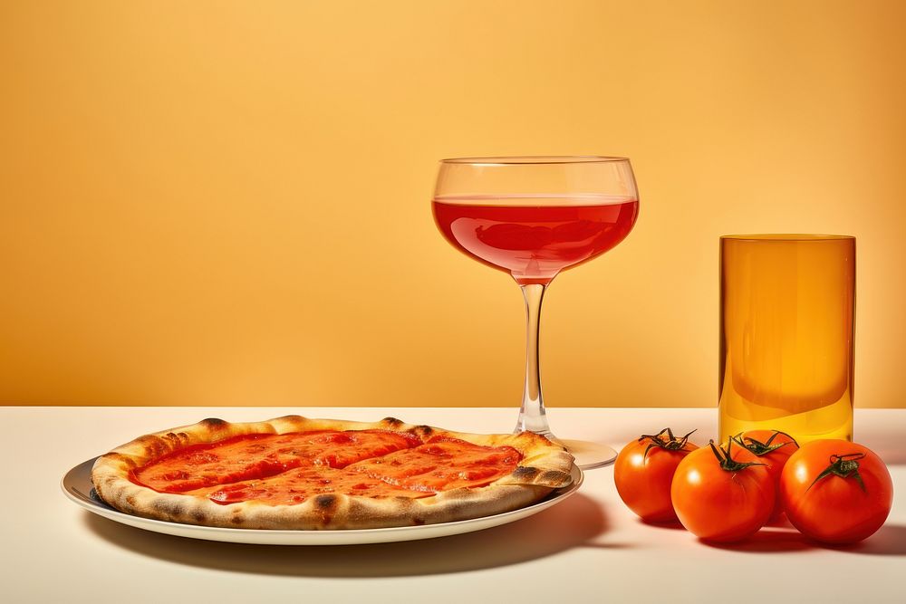 Tomato pizza glass wine.