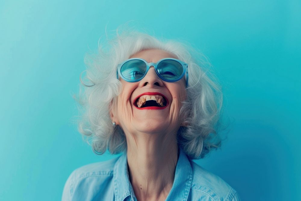 Old woman laughing glasses smile adult.
