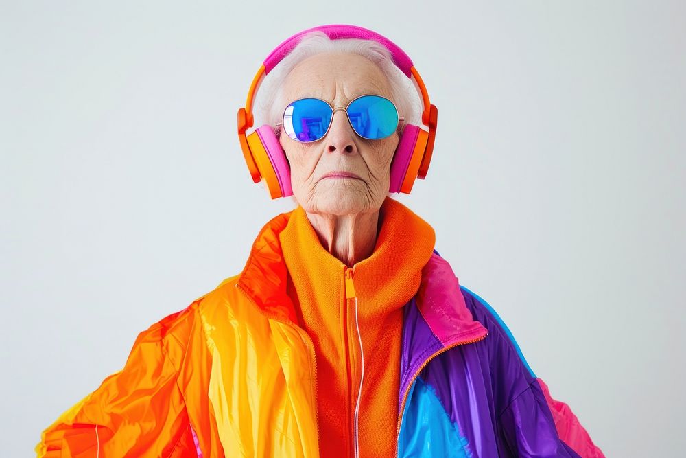 Old woman wearing headphones photography portrait adult.