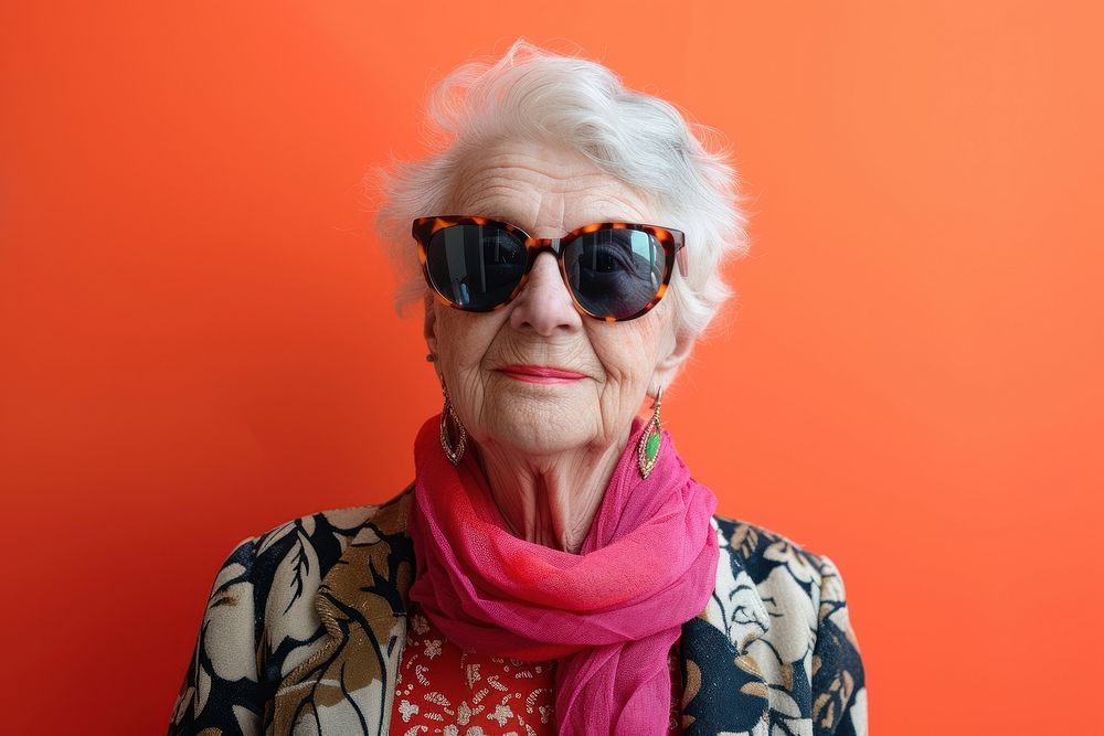 Old woman wearing sunglasses photography portrait scarf.