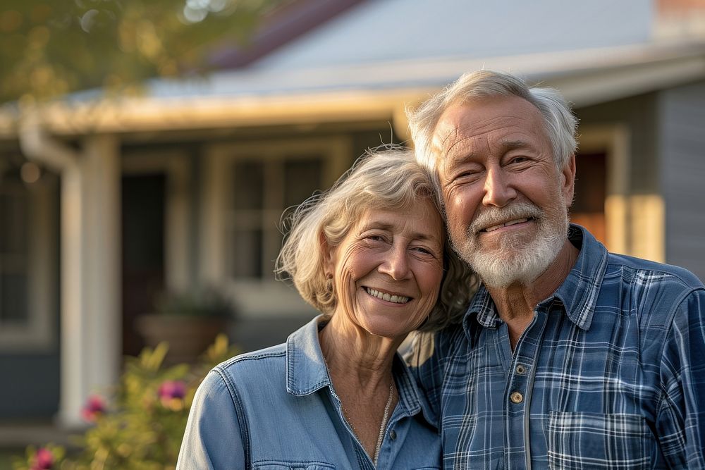 Portrait of senior couple in front of home portrait adult photo.