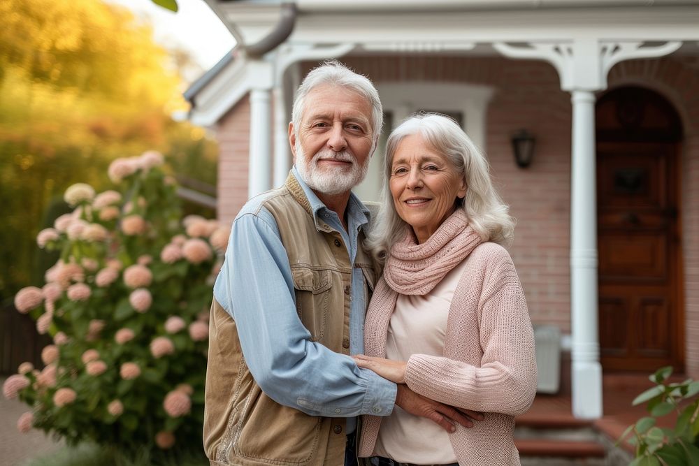 Portrait of senior couple in front of home portrait adult affectionate.