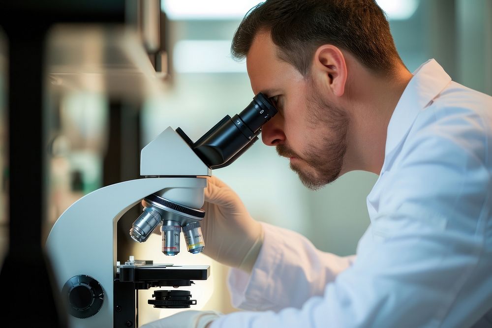 Scientist looking into microscope scientist adult concentration.