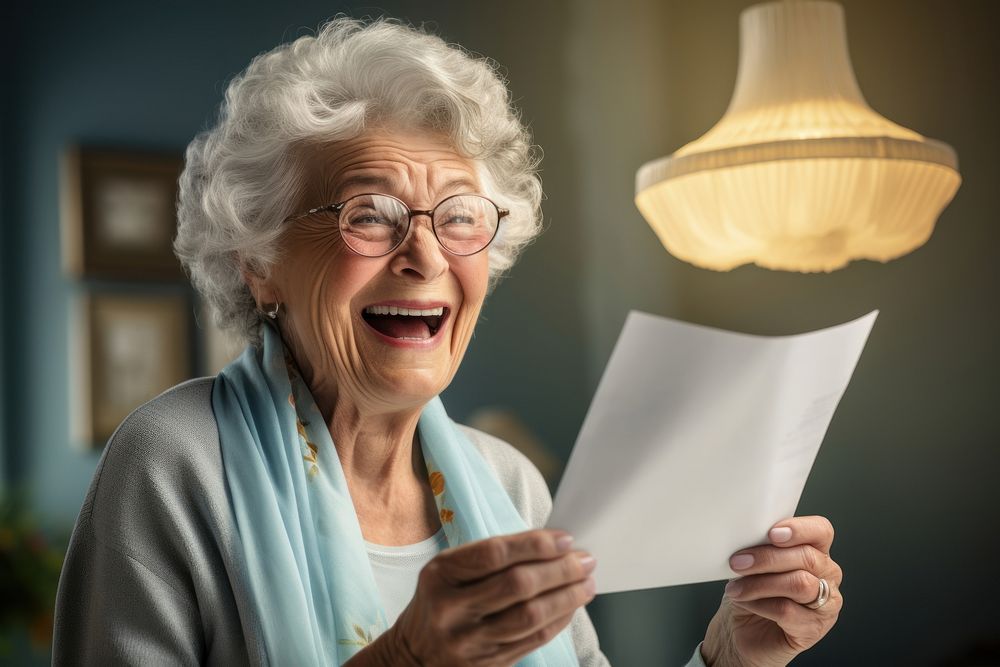 Senior woman reading a letter glasses adult happy.