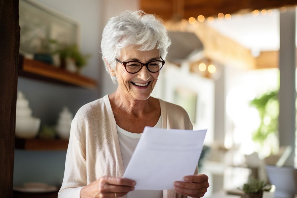 Senior woman reading a letter document glasses looking.