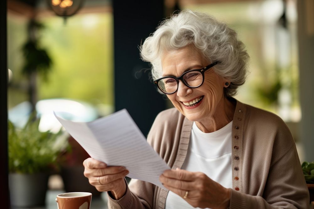 Senior woman reading a letter glasses looking coffee.