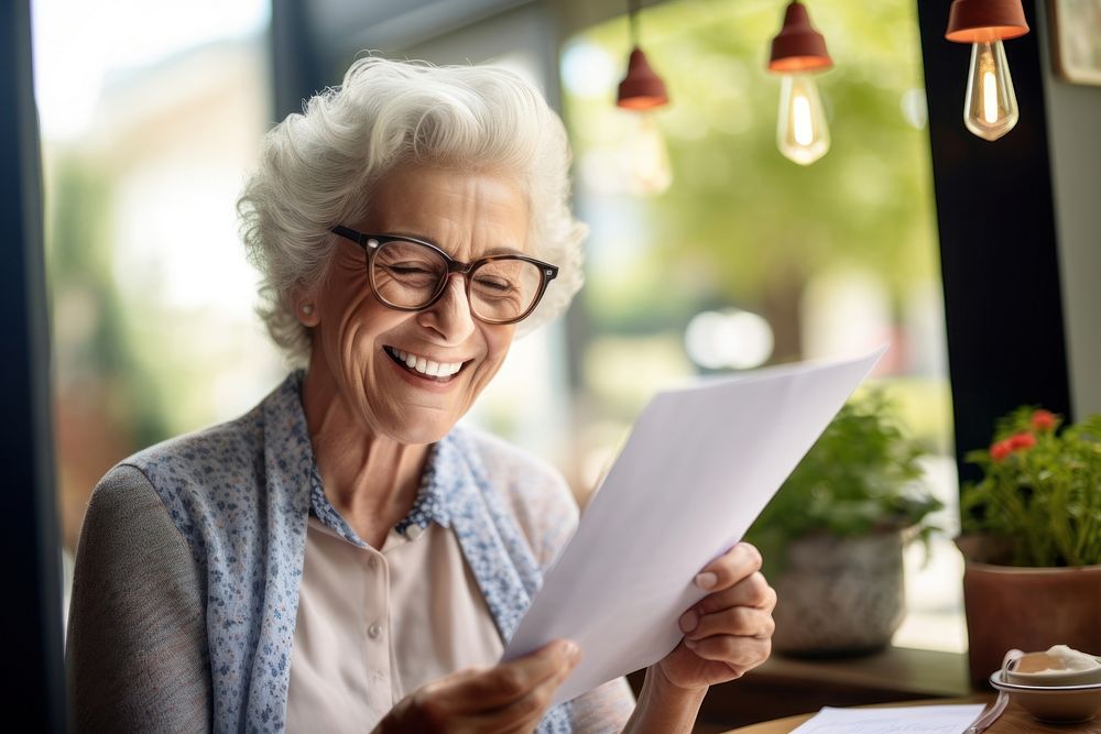 Senior woman reading a letter glasses looking smile.