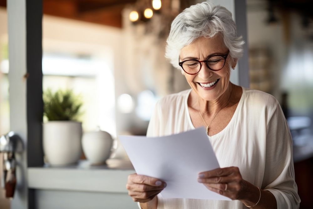 Senior woman reading a letter document glasses looking.