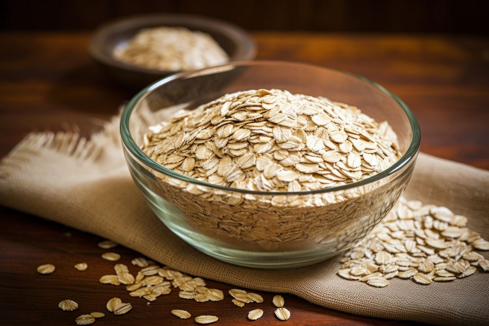Oats are raw and in a dry form oats are overflowing bowl table.