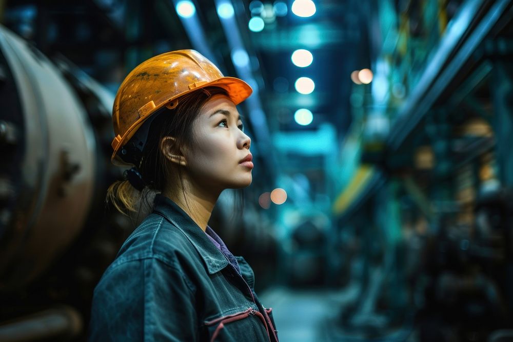 Woman industrial helmet machinery security.