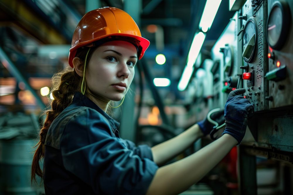 Woman industrial helmet security working.