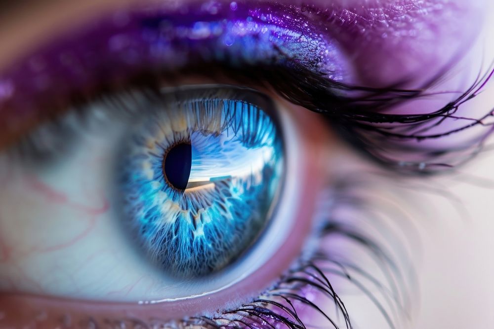 Purple and blue eye with the word cosmetics blue eyes portrait.