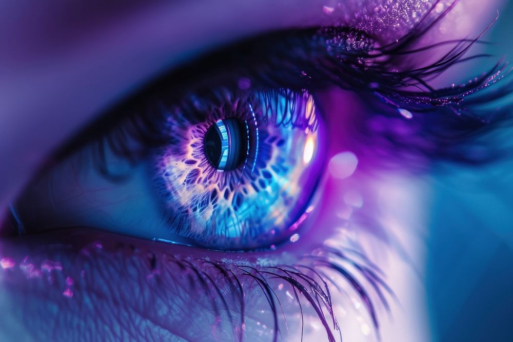 Purple and blue eye futuristic blue eyes portrait.