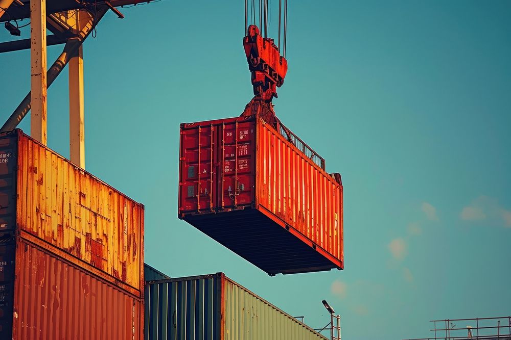 Crane lifting up container in yard architecture delivering machinery.