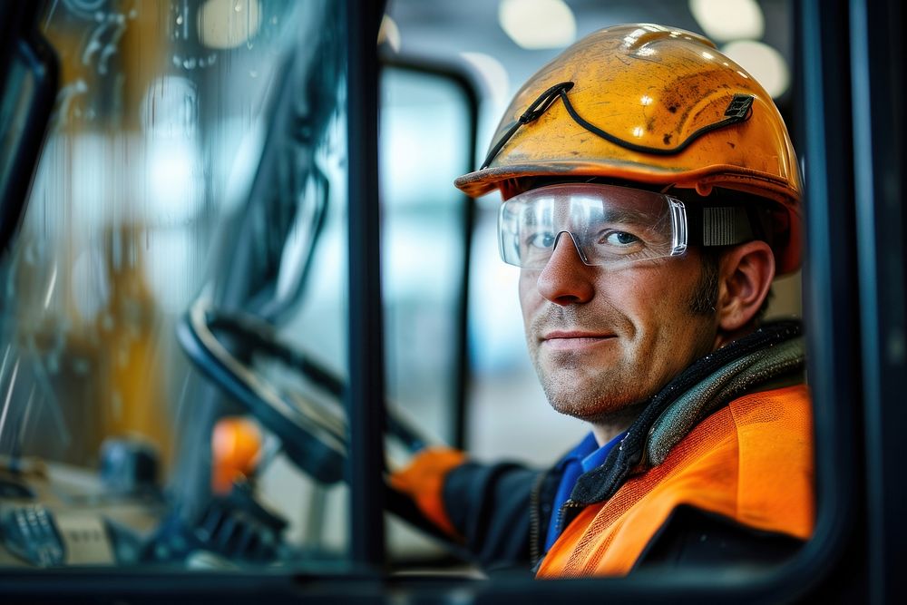 Worker driving forklift in factory photography portrait vehicle.