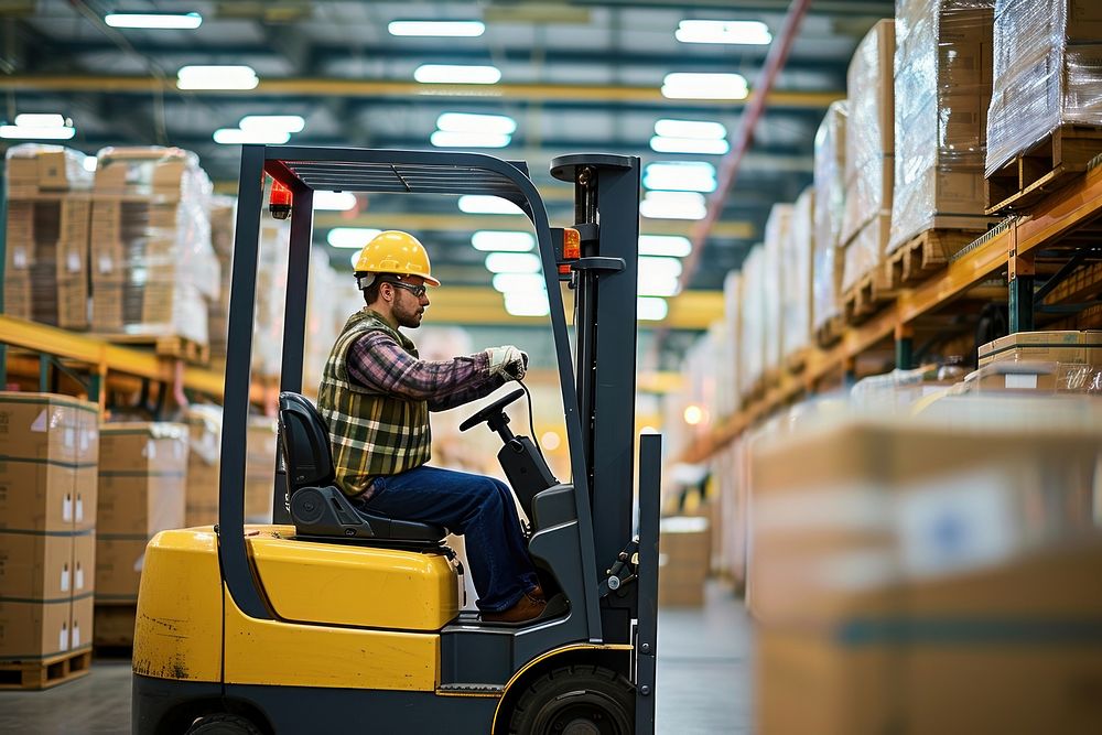 Worker driving forklift in factory adult box man.