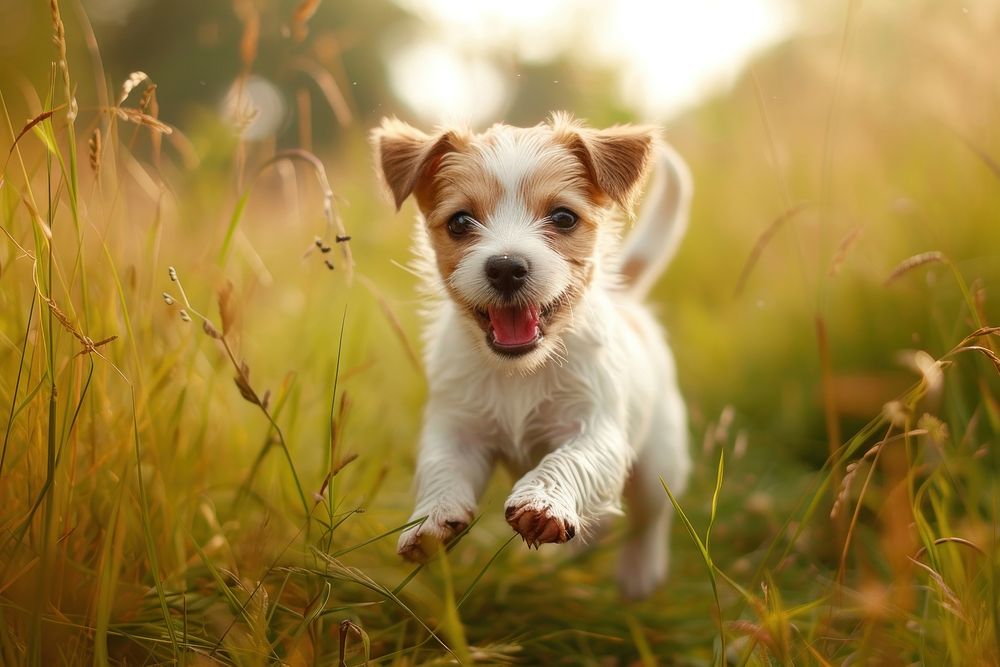 Cute puppy playing mammal animal grass.